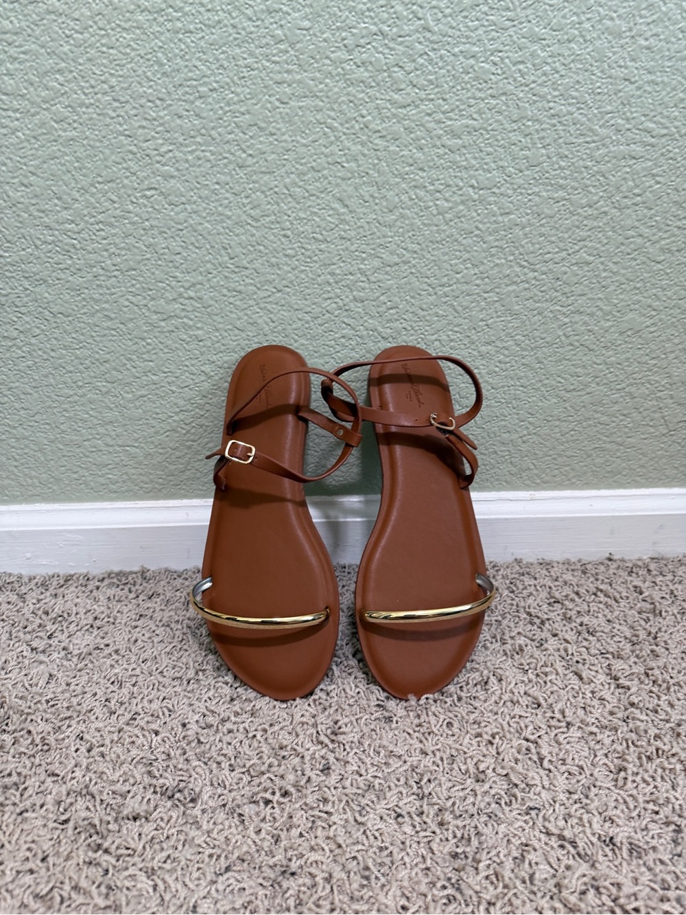 Brown Leather-Look Women's Ankle Strap Sandals with Gold Accent W9.5